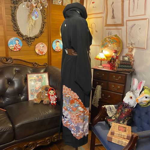 黒留袖 着物 和 モダン ハンドメイド リメイク ワンピース 黒留袖 着物 和 モダン ハンドメイド リメイク ワンピース