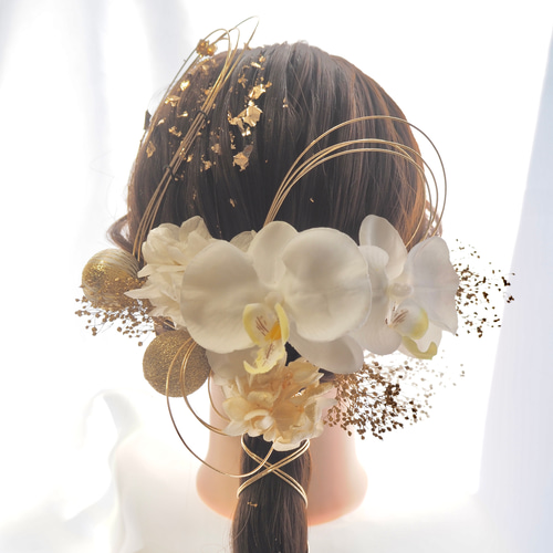 新作人気 P27 ミニ胡蝶蘭 髪飾り ドライフラワー 水引 金箔 白 ゴールド ヘアアクセサリー