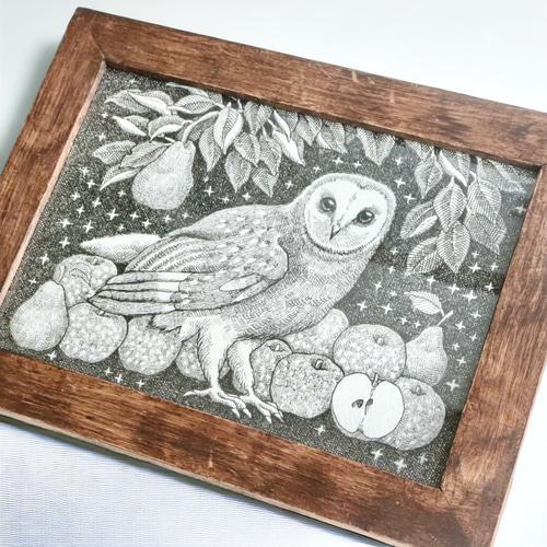 原画【一点物】「Pear Owl」 ペン画のインテリアアート フクロウ