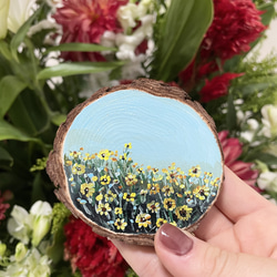 手描きの木製コースター、ウッドコースター、花の絵、花畑の絵、花の