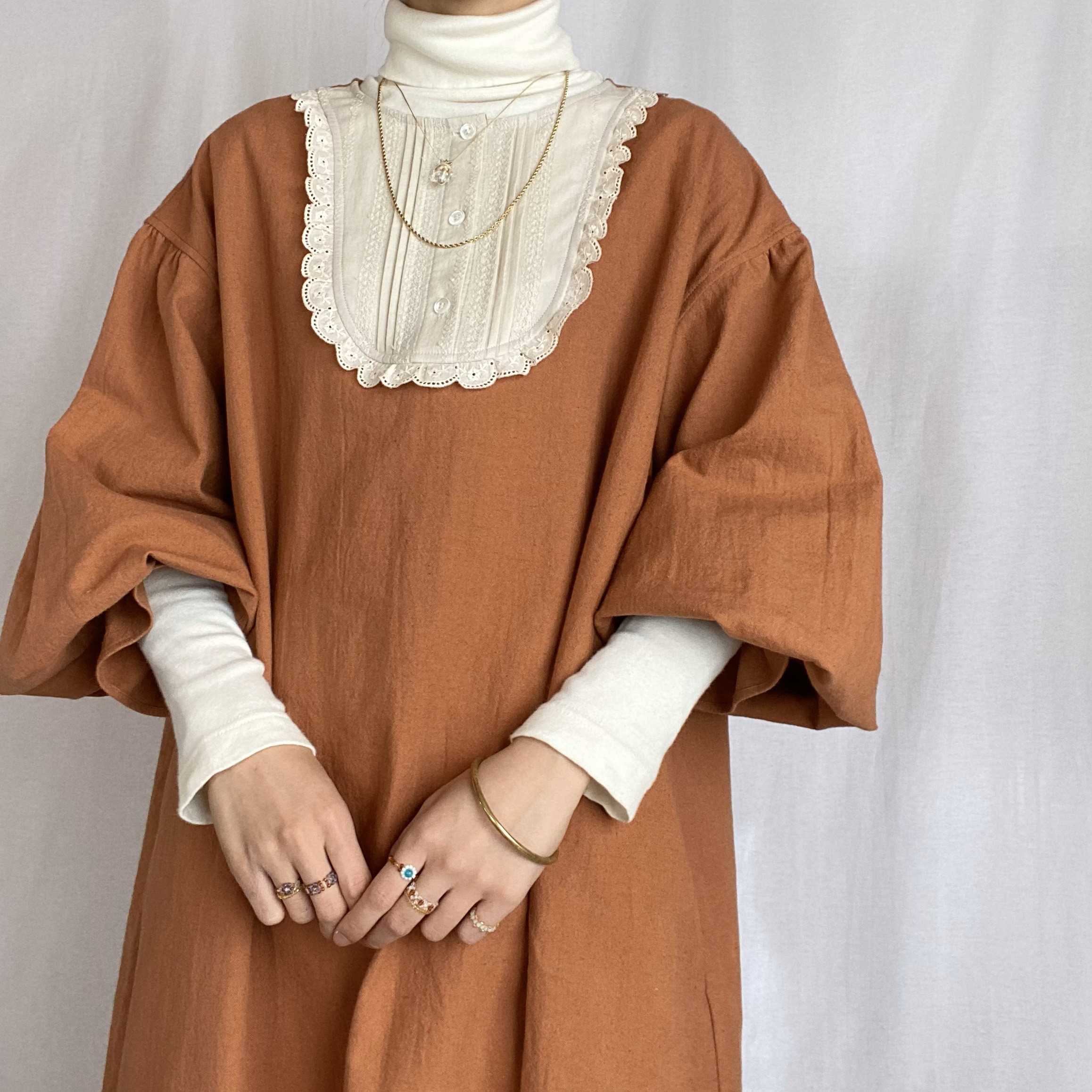 《 歌うあの子の Relax Dress -冬- 》02/綿麻/レンガ/テラコッタ/刺繍/レース/ワンピース