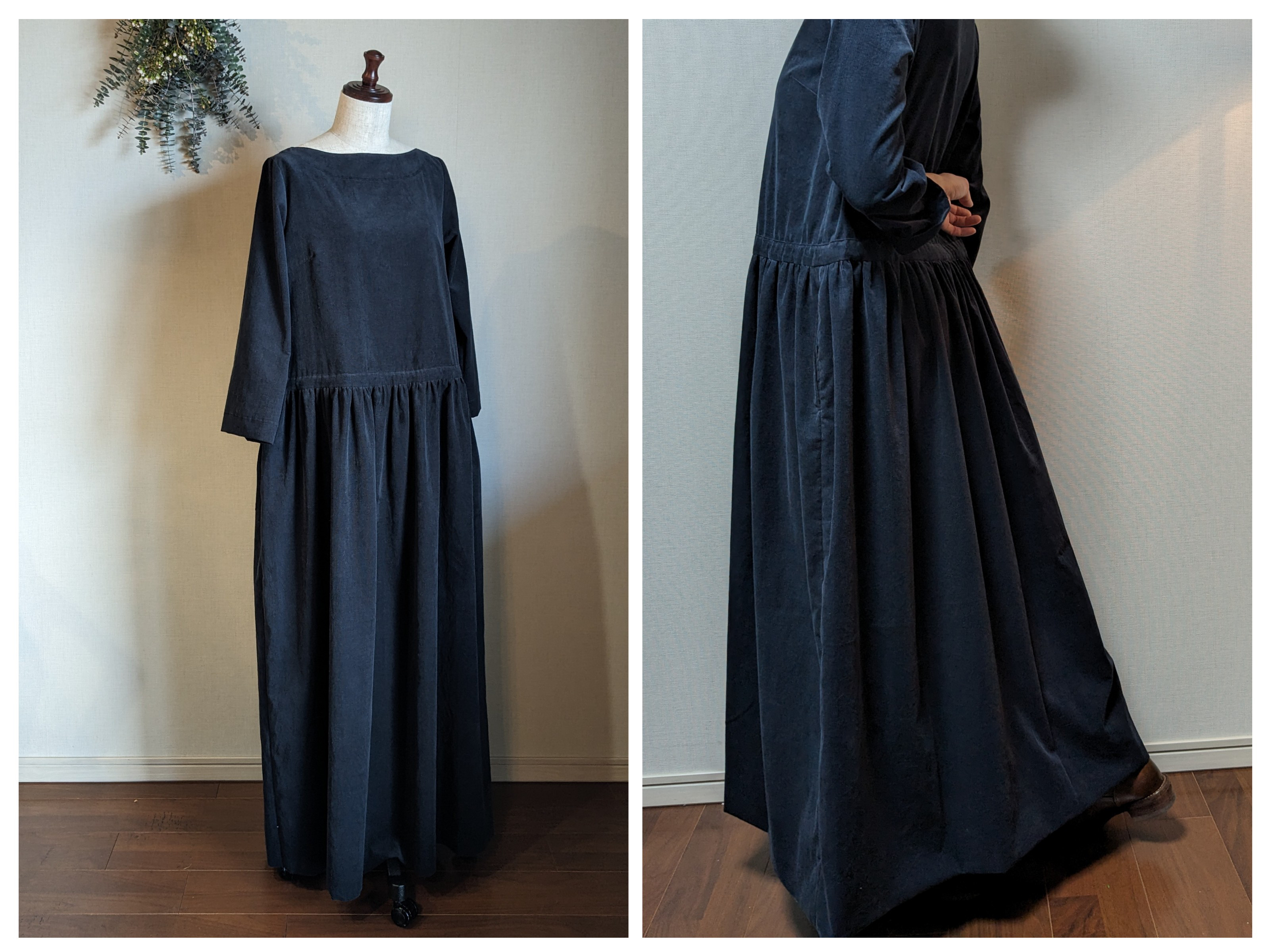 マキシ丈 コーデュロイ ギャザーワンピース チャコールネイビー