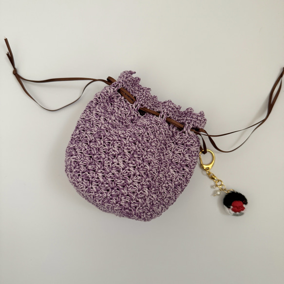 レース糸のミニ巾着 インコちゃんが選べるチャーム付き 紫系 10枚目の画像