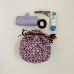 レース糸のミニ巾着 インコちゃんが選べるチャーム付き 紫系 6枚目の画像