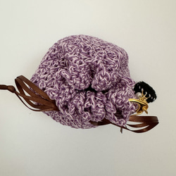 レース糸のミニ巾着 インコちゃんが選べるチャーム付き 紫系 9枚目の画像