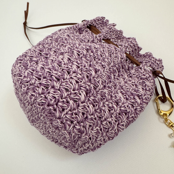レース糸のミニ巾着 インコちゃんが選べるチャーム付き 紫系 13枚目の画像