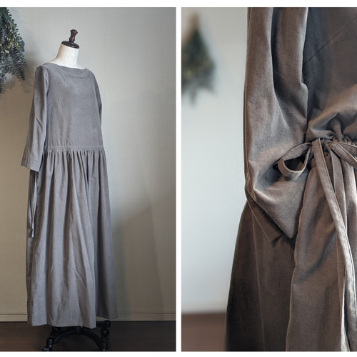 ギャザー ワンピース コーデュロイ 1 ボルドー＊コーデュロイの