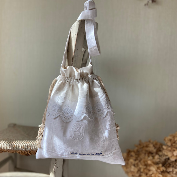 whiteworkフランスアンティークリネン*ダブルモノグラム手刺繡*ショルダーバッグ*ポシェット 1枚目の画像