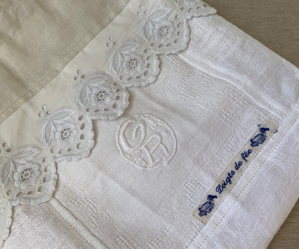 whiteworkフランスアンティークリネン*ダブルモノグラム手刺繡*ショルダーバッグ*ポシェット 2枚目の画像