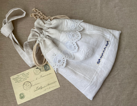 whiteworkフランスアンティークリネン*ダブルモノグラム手刺繡*ショルダーバッグ*ポシェット 11枚目の画像