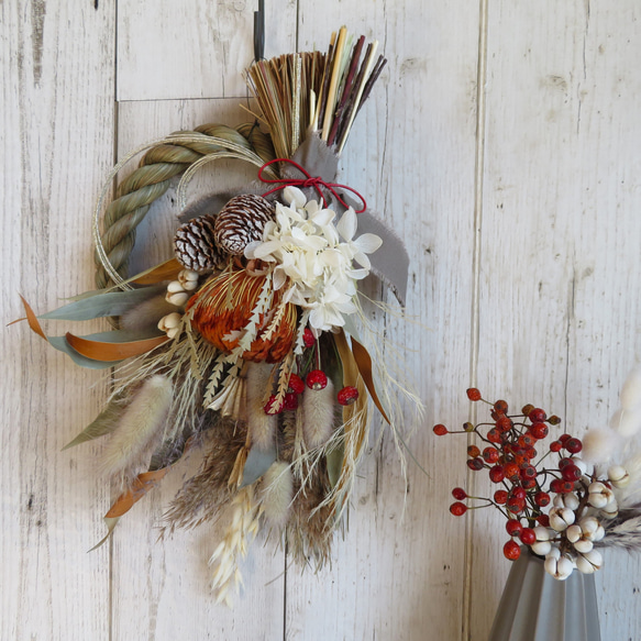 〈はずせる2way〉ワイルドフラワーや実物を使ったナチュラルワッグとしめ縄のお正月飾り 1枚目の画像
