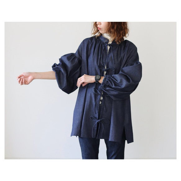 岡山県倉敷児島デニムで魅せる、ボリューム袖リボンチュニックブラウス／デザインデニムブラウス／インディゴ 