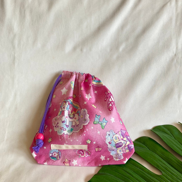 【オーダーOK】入園入学給食袋コップ入れ巾着★53いろコレお城のプリンセスユニコーンPピンク 1枚目の画像