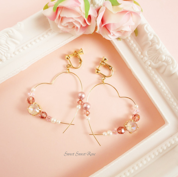 Heart hoop ～Swarovski Dark Pink～　イヤリング/ピアス/ハート/フープ/スワロフスキー 1枚目の画像