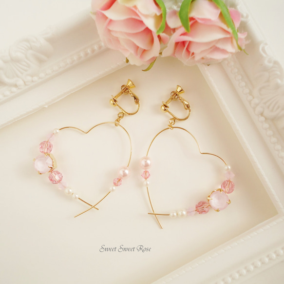 【再販】Heart hoop ～Swarovski Pink～　イヤリング/ピアス/ハート/フープ/スワロフスキー 7枚目の画像