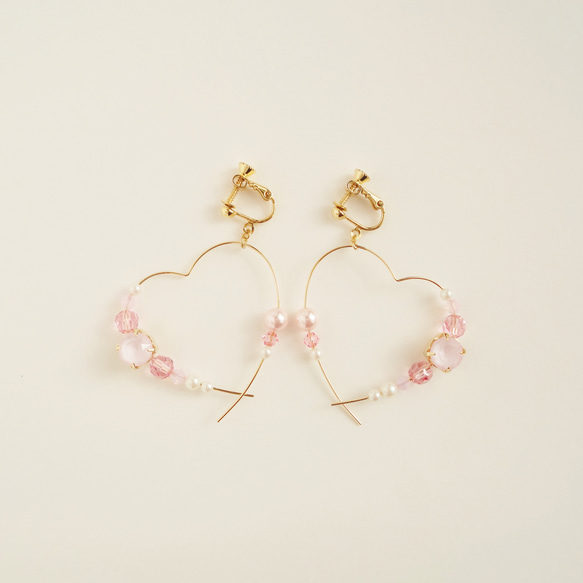 【再販】Heart hoop ～Swarovski Pink～　イヤリング/ピアス/ハート/フープ/スワロフスキー 2枚目の画像