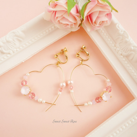 【再販】Heart hoop ～Swarovski Pink～　イヤリング/ピアス/ハート/フープ/スワロフスキー 1枚目の画像