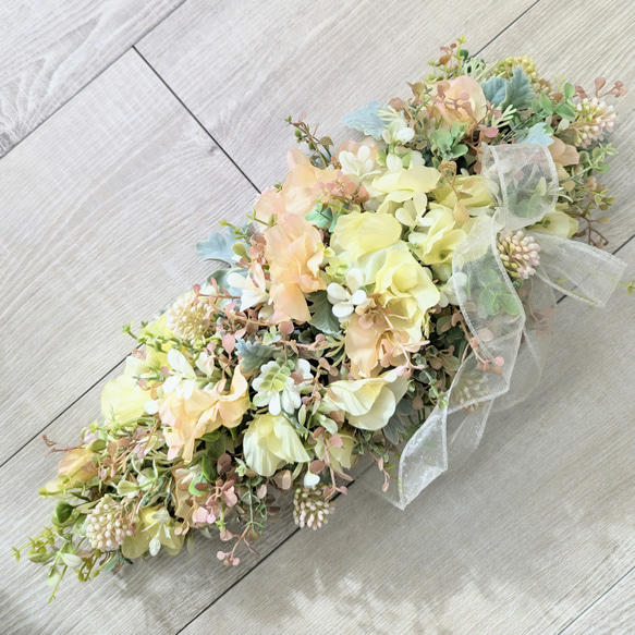 スイトピーと新芽のふんわりガーランド　スワッグ 壁飾り 壁掛け テーブル装花 ギフト 母の日 お祝い 2枚目の画像