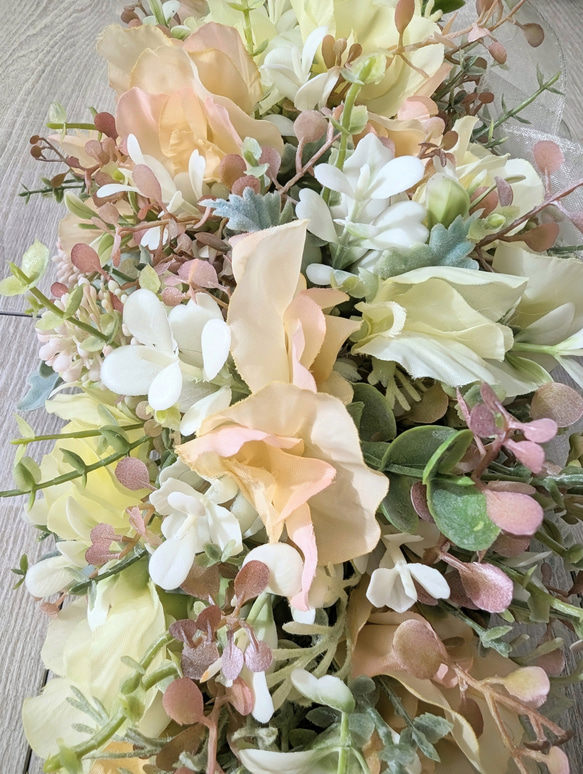 スイトピーと新芽のふんわりガーランド　スワッグ 壁飾り 壁掛け テーブル装花 ギフト 母の日 お祝い 10枚目の画像