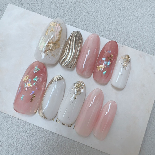 3D ピンク ロング ネイルチップ 乳白色 ホワイト イベント 成人式 結婚