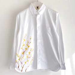 【オーダー】蝋梅柄長袖ボタンダウンシャツ　ホワイト 1枚目の画像
