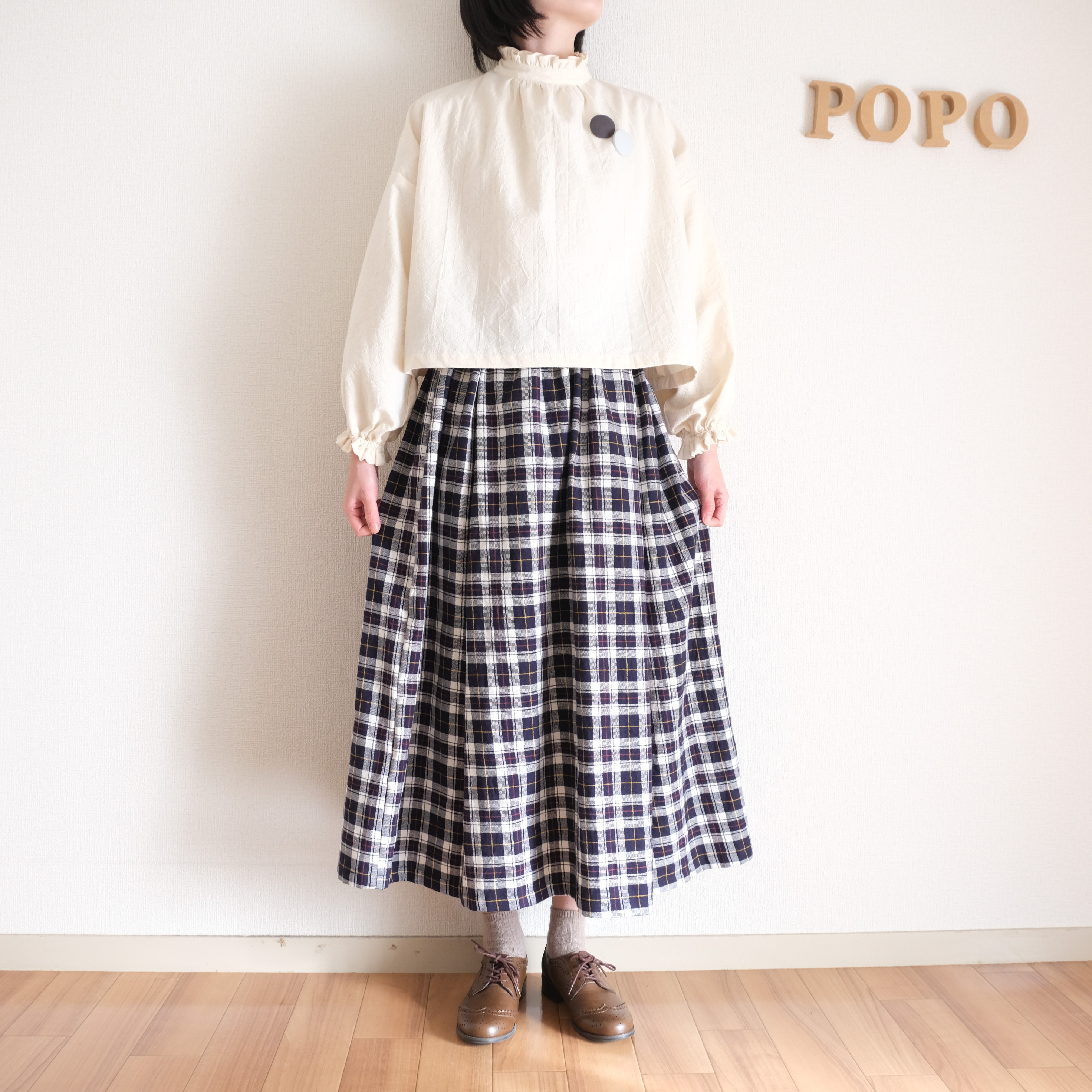 チェックタックギャザースカート  ネイビー×ホワイトチェック