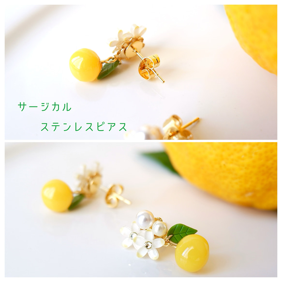 ちっちゃな柚子のイヤリング、ピアス・受注制作〈ゆず、イエロー、ミニチュア〉 5枚目の画像