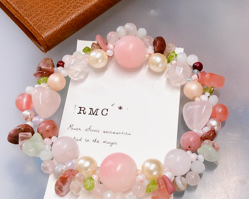 RMC*菩提寺とハートのローズクォーツのお花畑 天然石ブレスレット