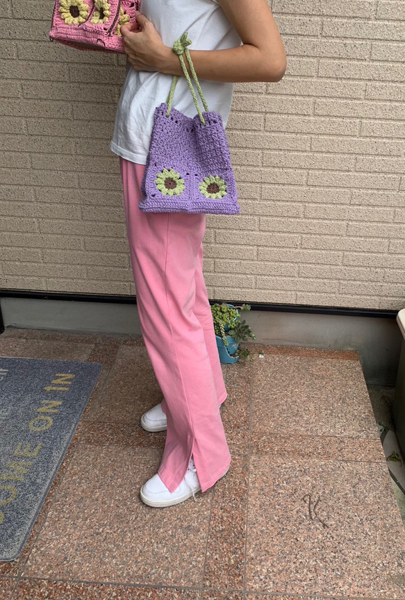 2wayリュック ハンドバッグ  鍵編みバッグ  親子でお揃い　子供リュック　かごバッグ　ショルダーバッグ　グラニー 2枚目の画像