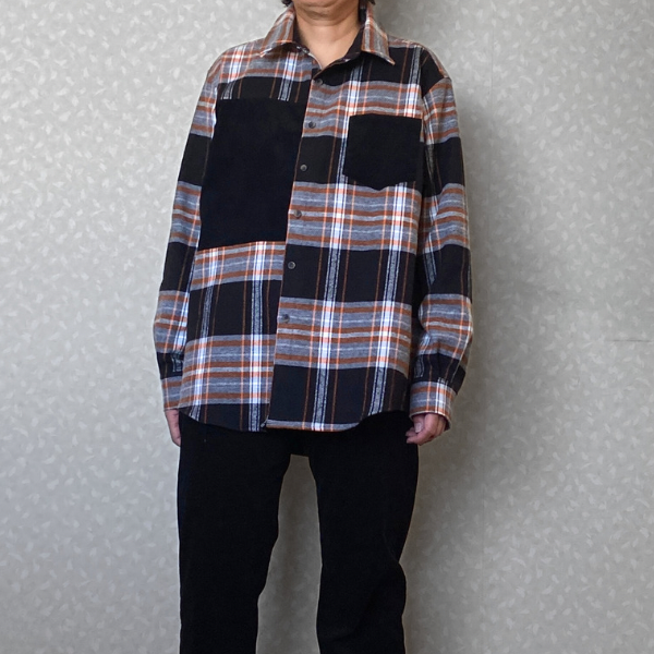 両面起毛 パッチワークシャツ メンズシャツ アシンメトリー ビックフランネルチェック コーデュロイ コットン 冬