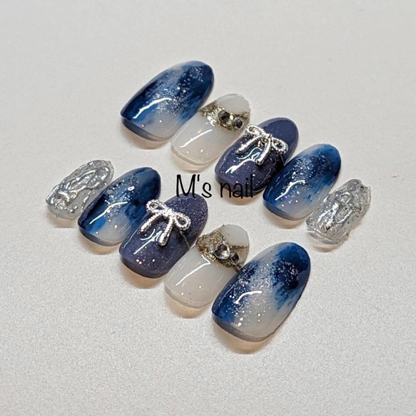 ［NO.4］ネイルチップ 和柄 成人式 振袖 ブルー NO.4］ネイルチップ 和柄 成人式 振袖 ブルー