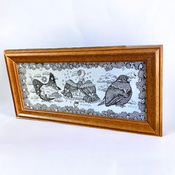 原画【一点物】「イマジネーション」　アンティーク風なペン画のインテリアアート　小鳥の絵画　モノクロ　リビング　玄関 2枚目の画像