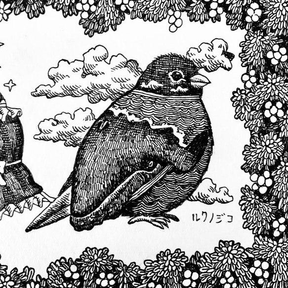 原画【一点物】「イマジネーション」　アンティーク風なペン画のインテリアアート　小鳥の絵画　モノクロ　リビング　玄関 5枚目の画像