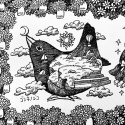 原画【一点物】「イマジネーション」　アンティーク風なペン画のインテリアアート　小鳥の絵画　モノクロ　リビング　玄関 3枚目の画像
