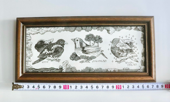 原画【一点物】「イマジネーション2」　アンティーク風なペン画のインテリアアート　小鳥の絵画　モノクロ　リビング　玄関 7枚目の画像