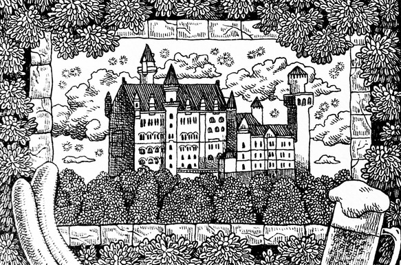 原画【一点物】「ノイシュヴァン」　アンティーク風なペン画のインテリアアート　ドイツのお城の絵画　モノクロ　リビング　玄関 2枚目の画像