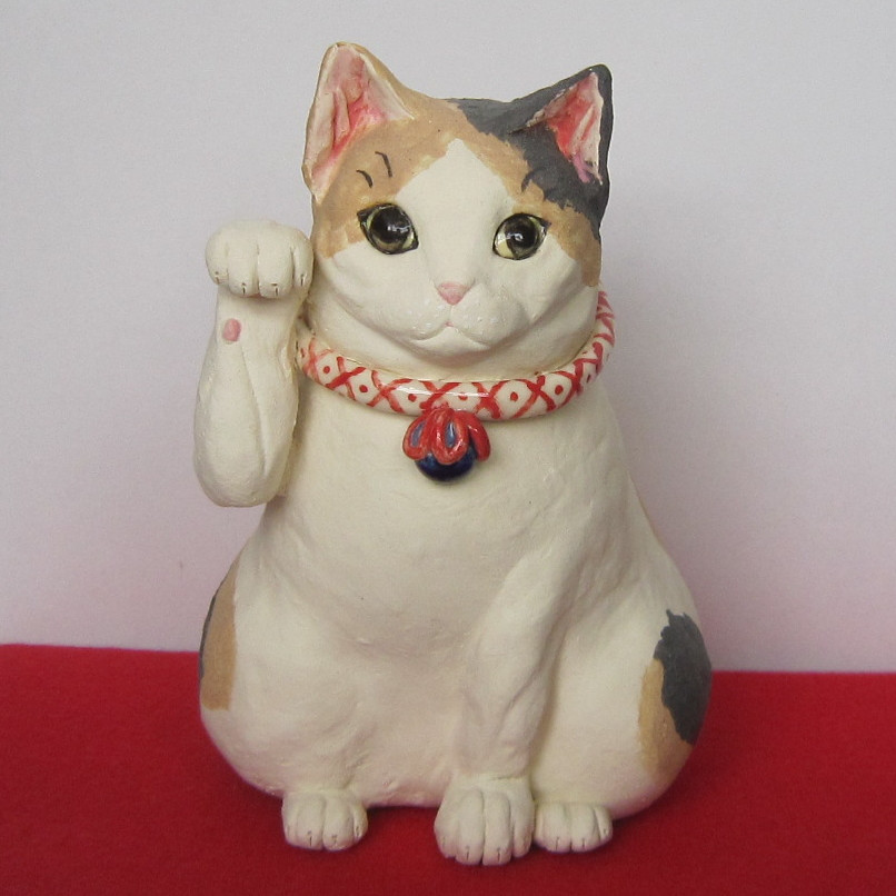 骨董　陶器製 カラフル首輪 招き猫