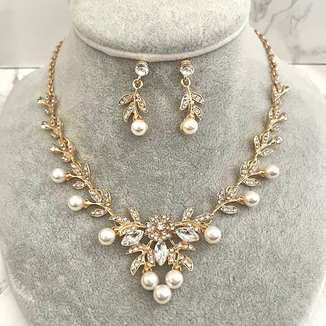 perle goldパールブライダルネックレス&ピアスセット /ウェディングアクセサリー 結婚式 パーティー