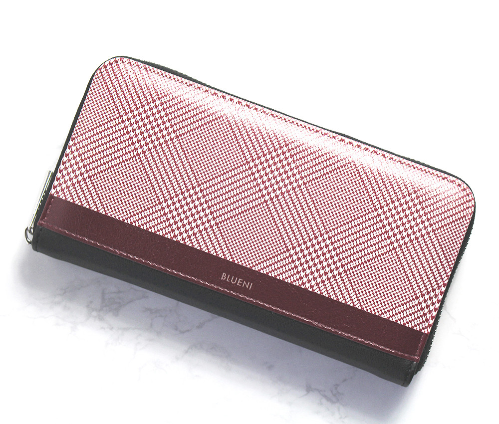 グレンチェックの長財布〈ワインレッド〉〜送料無料〜