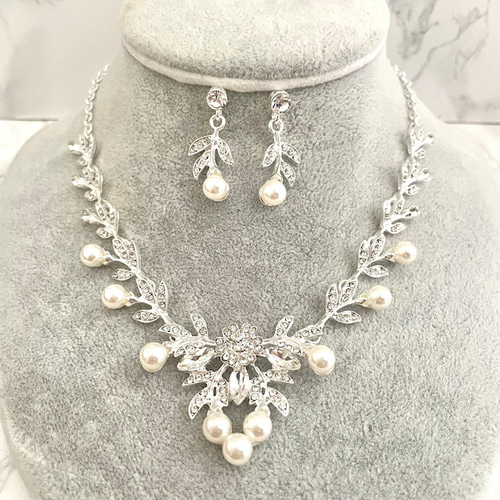 ウェディング小物セット♡付け袖ベールネックレスピアス髪飾り perle silverパールブライダルネックレス&ピアスセット/ウェディング
