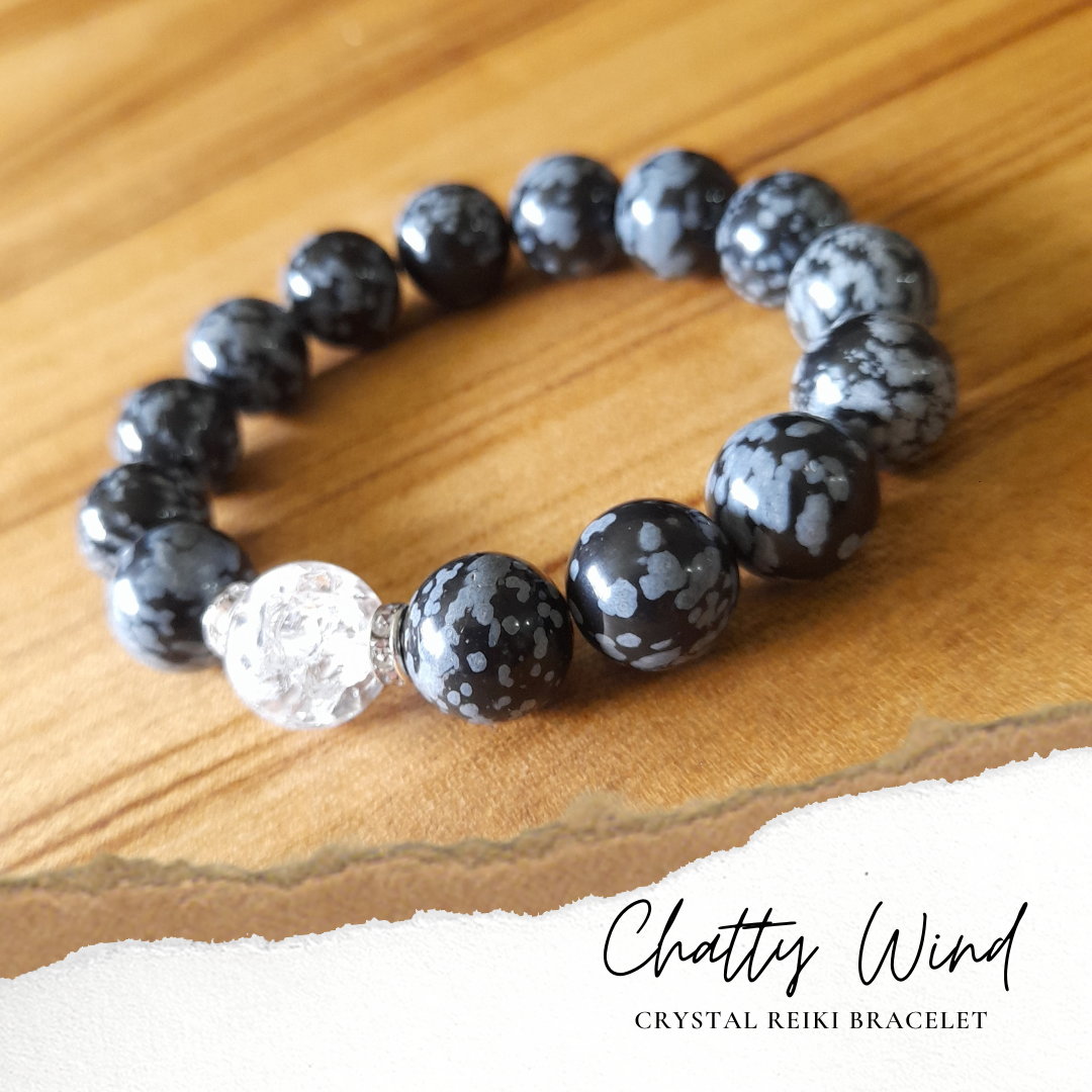 ★氷空に舞うエンジェル★スノーフレークオブシディアン、クラック水晶　天然石ブレスレット 1258