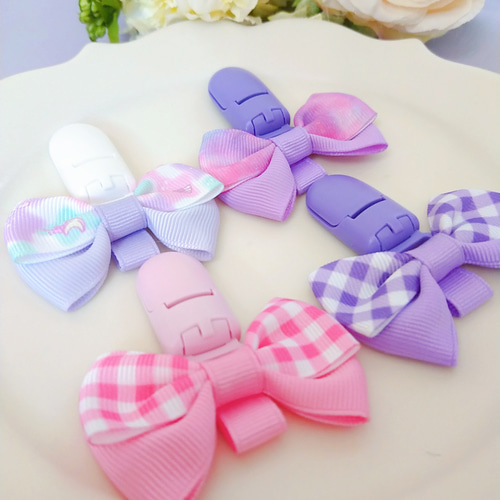 ☆リボン名札クリップ なふだちゃん ゴールドハート柄リボン×パープル