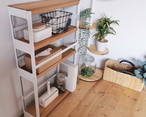 無垢材とアイアンのマルチラック D15【ホワイト】 / 隙間収納