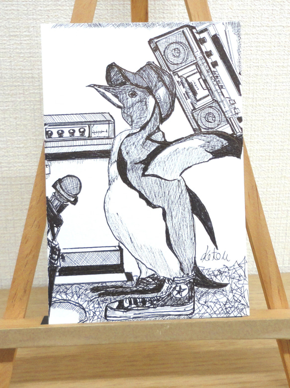 ★送料無料★　のってるペンギン　ミニサイズ　原画　加藤謙一作 1枚目の画像