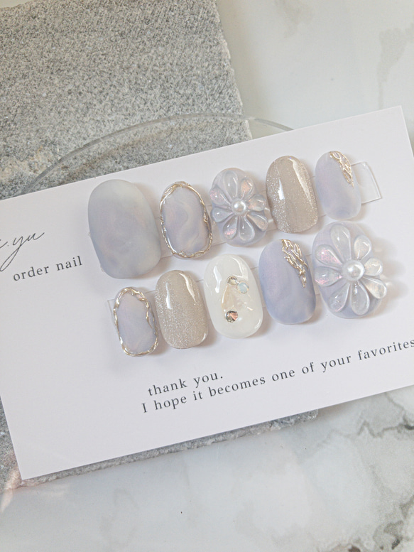 ネイルチップ No.5 サイズオーダー 大人 ニュアンス ぷっくりフラワー  