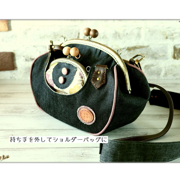 6ＷＡＹカンガルーbag”がま口ボストン【デニム&花柄】　M　24.5ｃｍくし口金 3枚目の画像