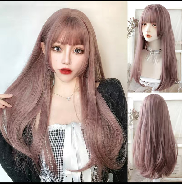 特価ブランド 女性用合成ロングストレートウィッグ、前髪付き、自然な複数の ヘアエクステンション・かつら・アクセサリ