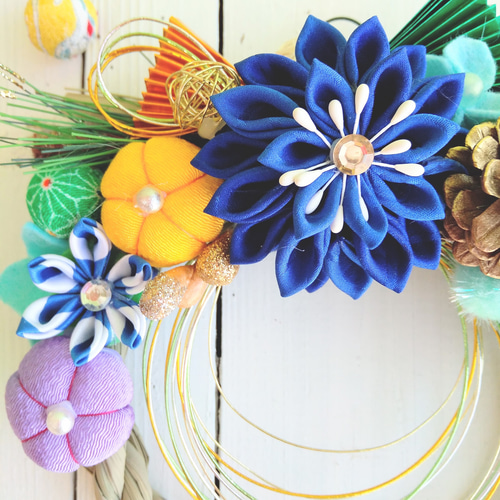 お正月飾り つまみ細工のしめ縄3 ブルー系のお正月リース しめ縄