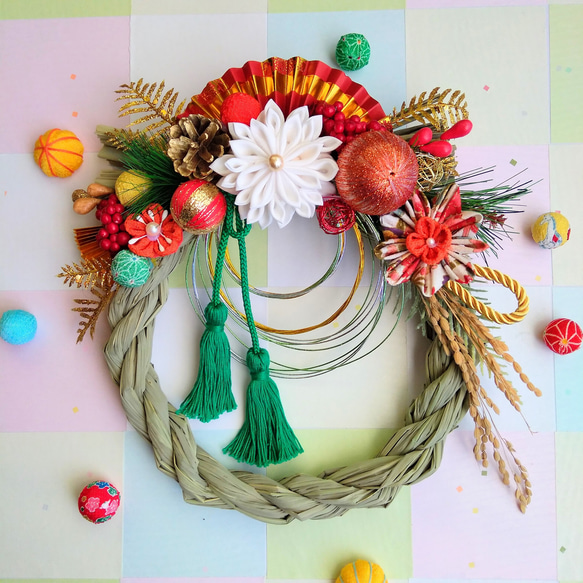 お正月飾り つまみ細工のしめ縄4 大き目でシックなカラーのお正月  