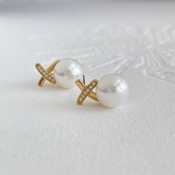 紐扣形淡水珍珠十字設計耳環 slver925 第6張的照片